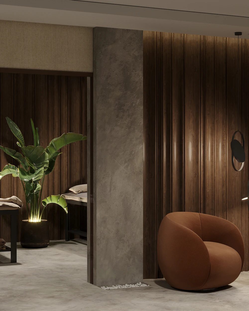 Sala de descanso con dos sillones y luz cálida